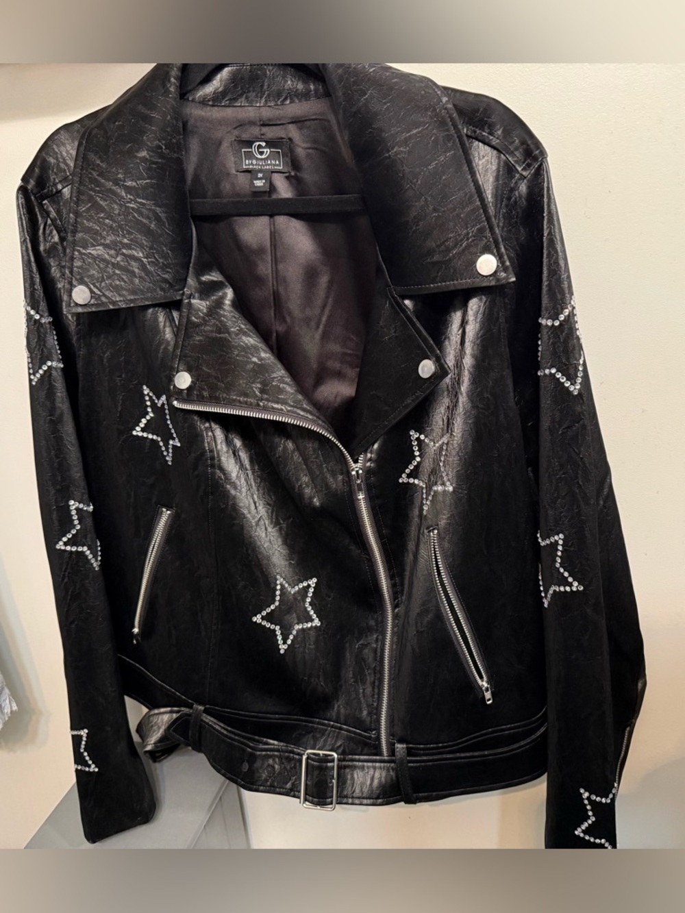 G by Giuliana Black Label Faux Leather Moto Jacket Star Bling Studs 2X - Picture 3 of 5